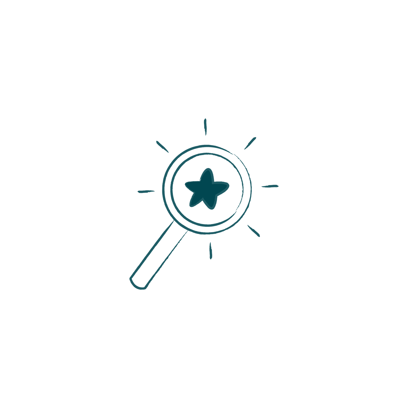 Line drawing of a magnifying glass over a star, with short rays around the lens, a symbol of standout talent