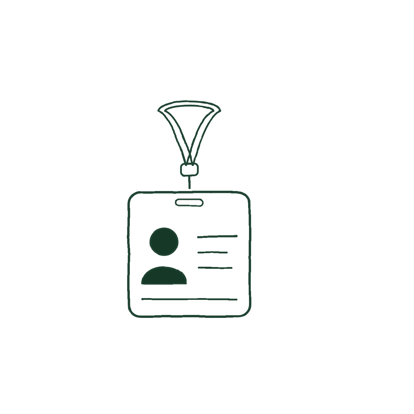 Line drawing of an employee badge on a lanyard, with a portrait and lines of text