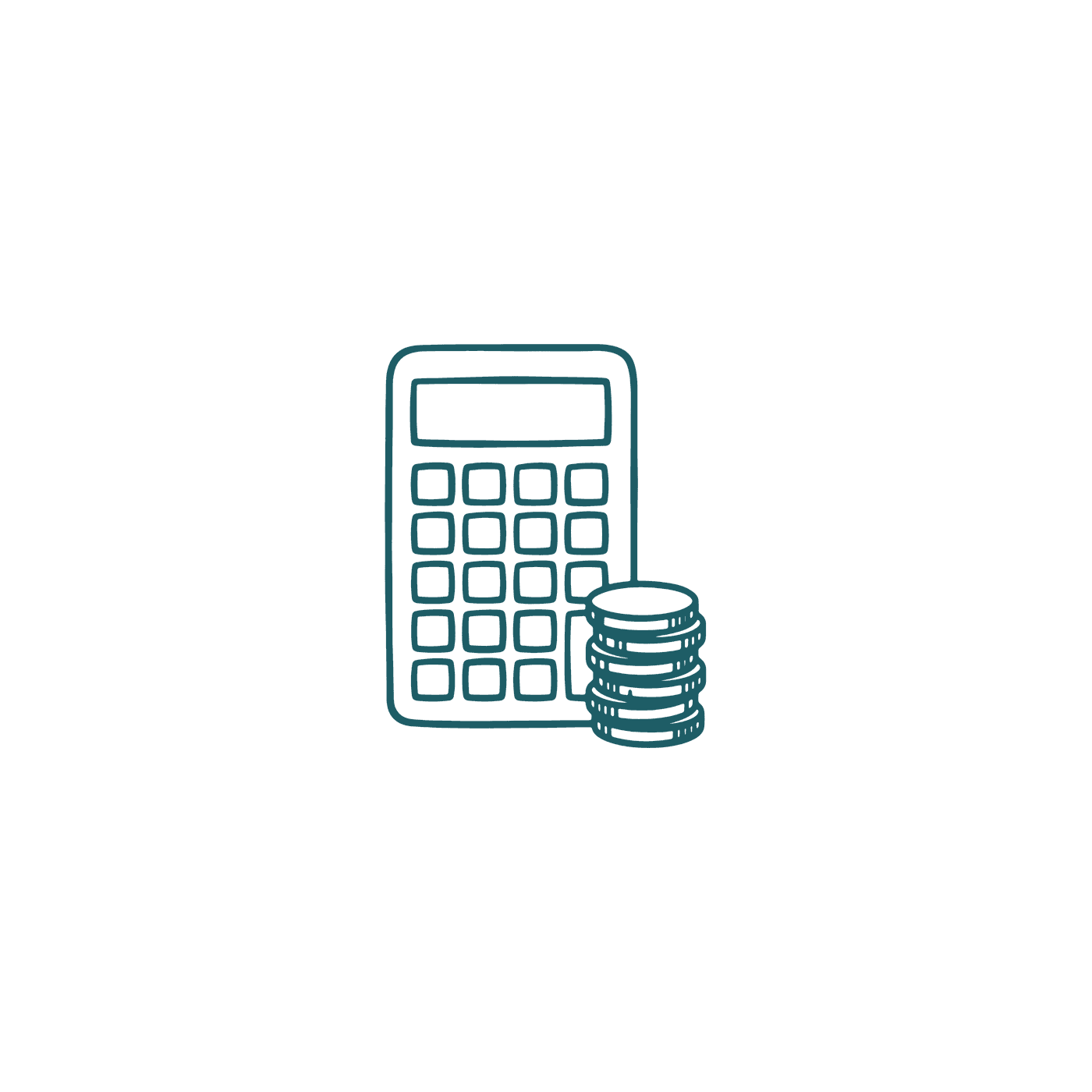 Line drawing of a calculator beside a stack of coins, a symbol of fees added up