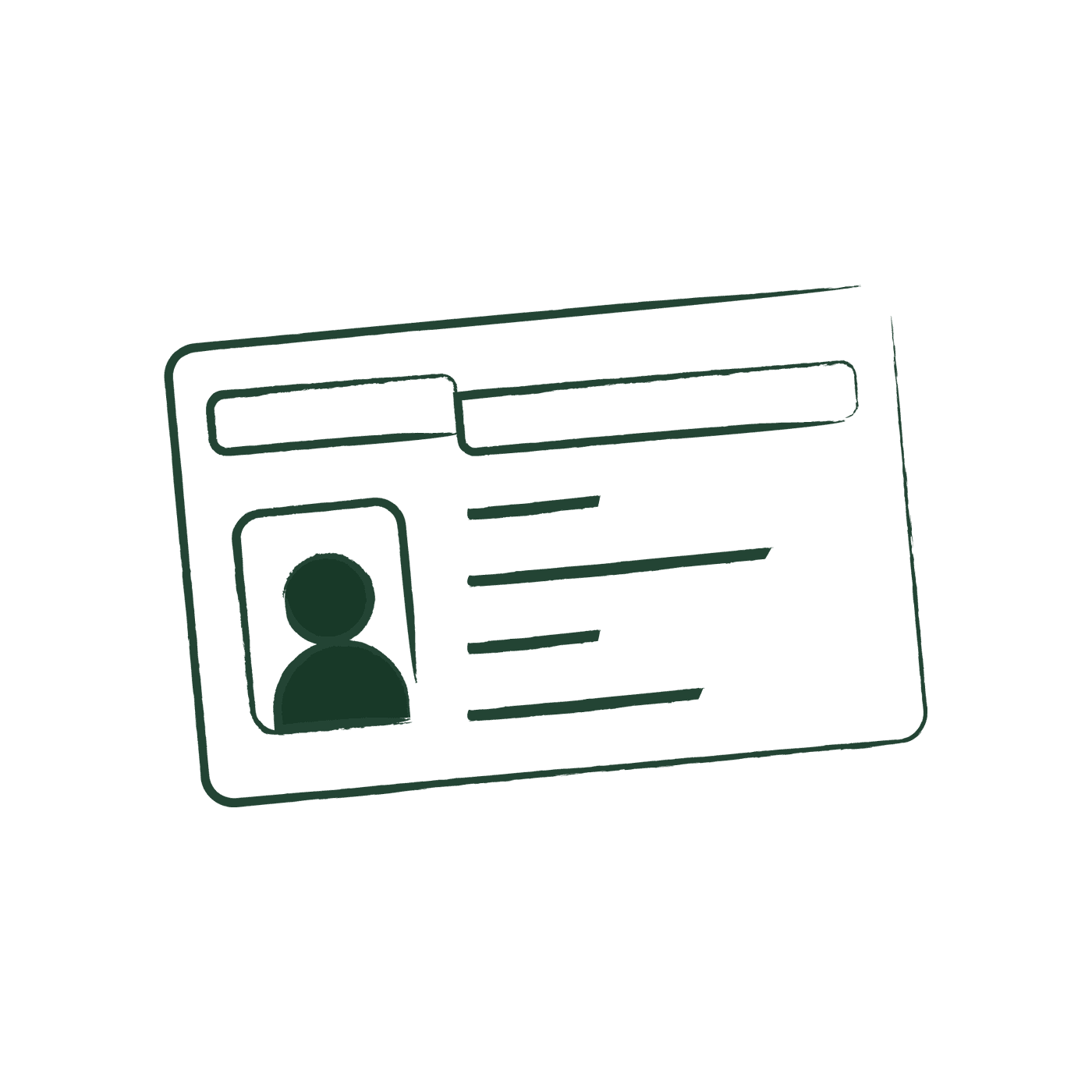 Hand-drawn line illustration of an identity card with a portrait and lines of text
