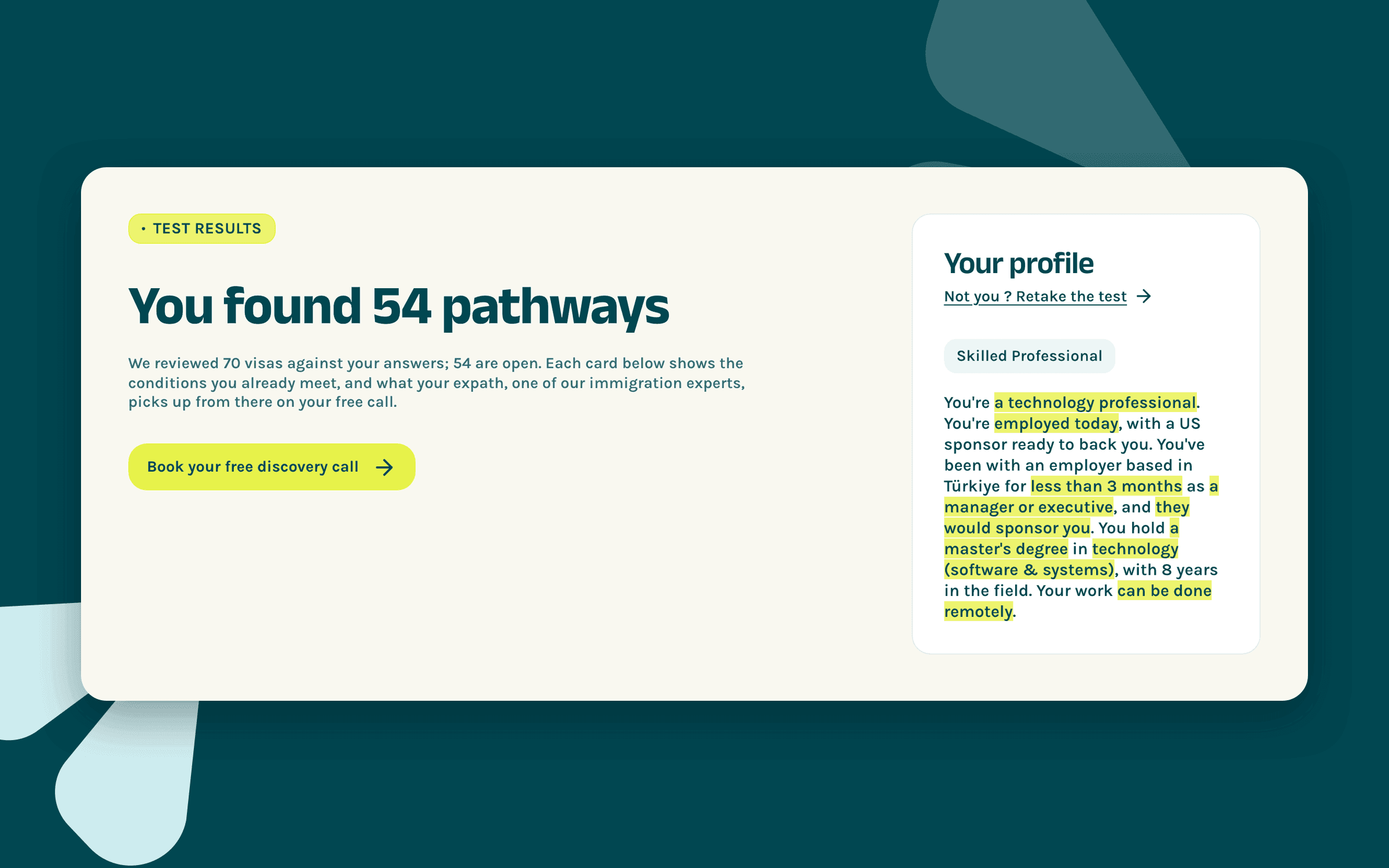 The top of a results page: the number of pathways found, and the profile the check put together from the answers