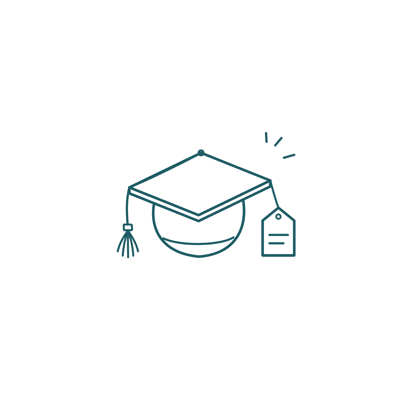 Line drawing of a graduation cap with a price tag hanging from one corner, a sign of a fee attached to study