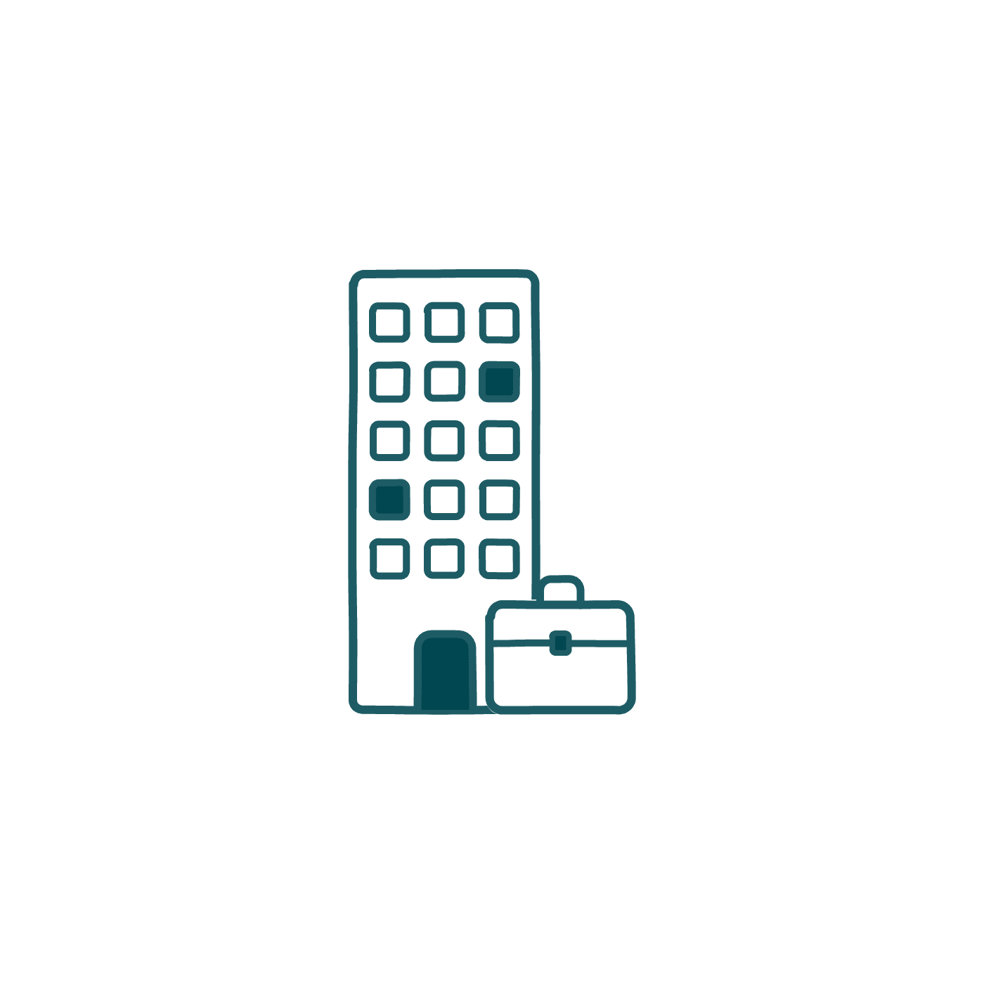 Line drawing of an office building with a briefcase in front of it, a symbol of the company that sponsors the worker