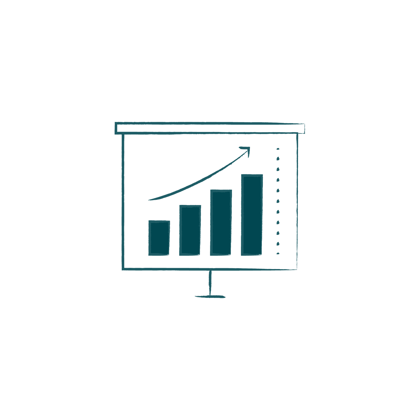Line drawing of a presentation board showing a rising bar chart and an upward arrow, a symbol of career growth