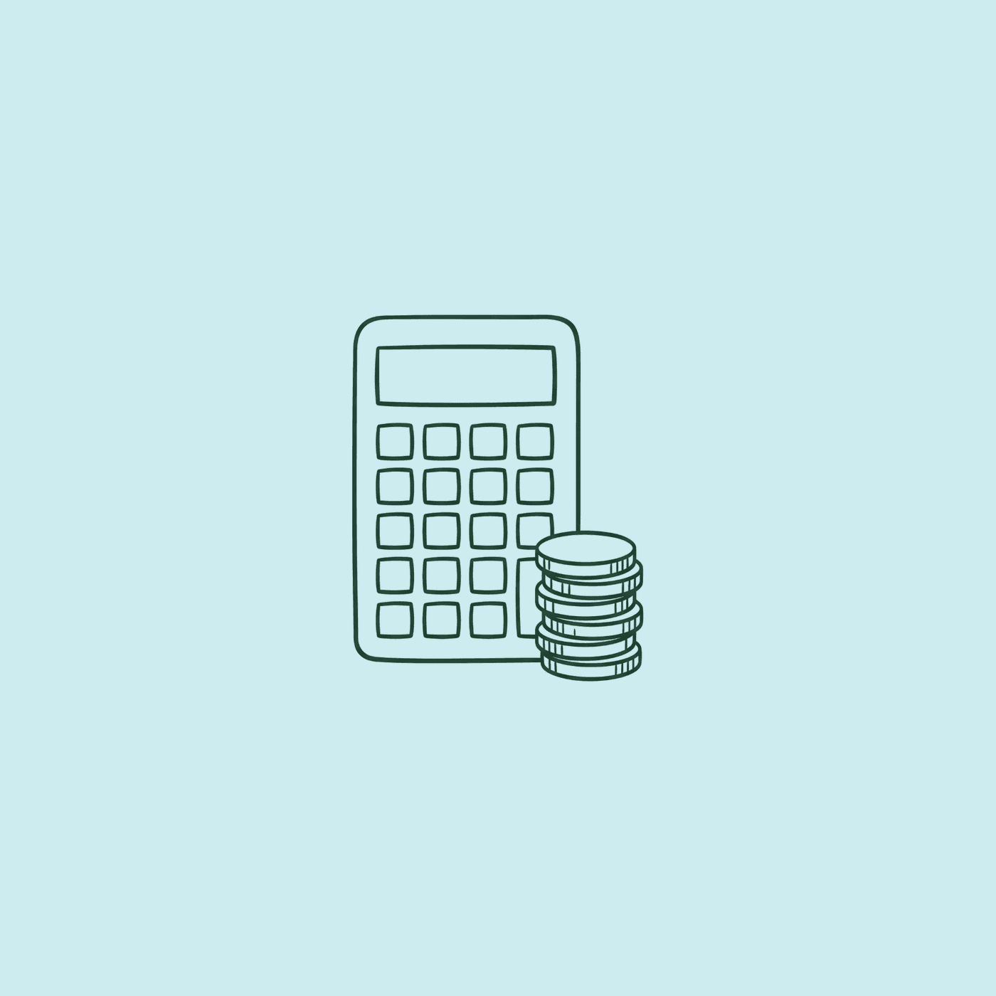 Line drawing of a calculator beside a stack of coins