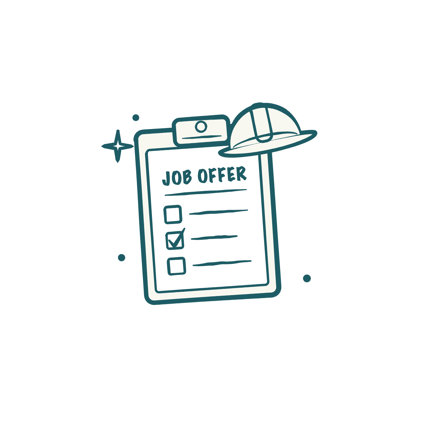 A job offer on a clipboard with one requirement box ticked and a hard hat resting on its corner, a symbol of the job that sets the worker’s group