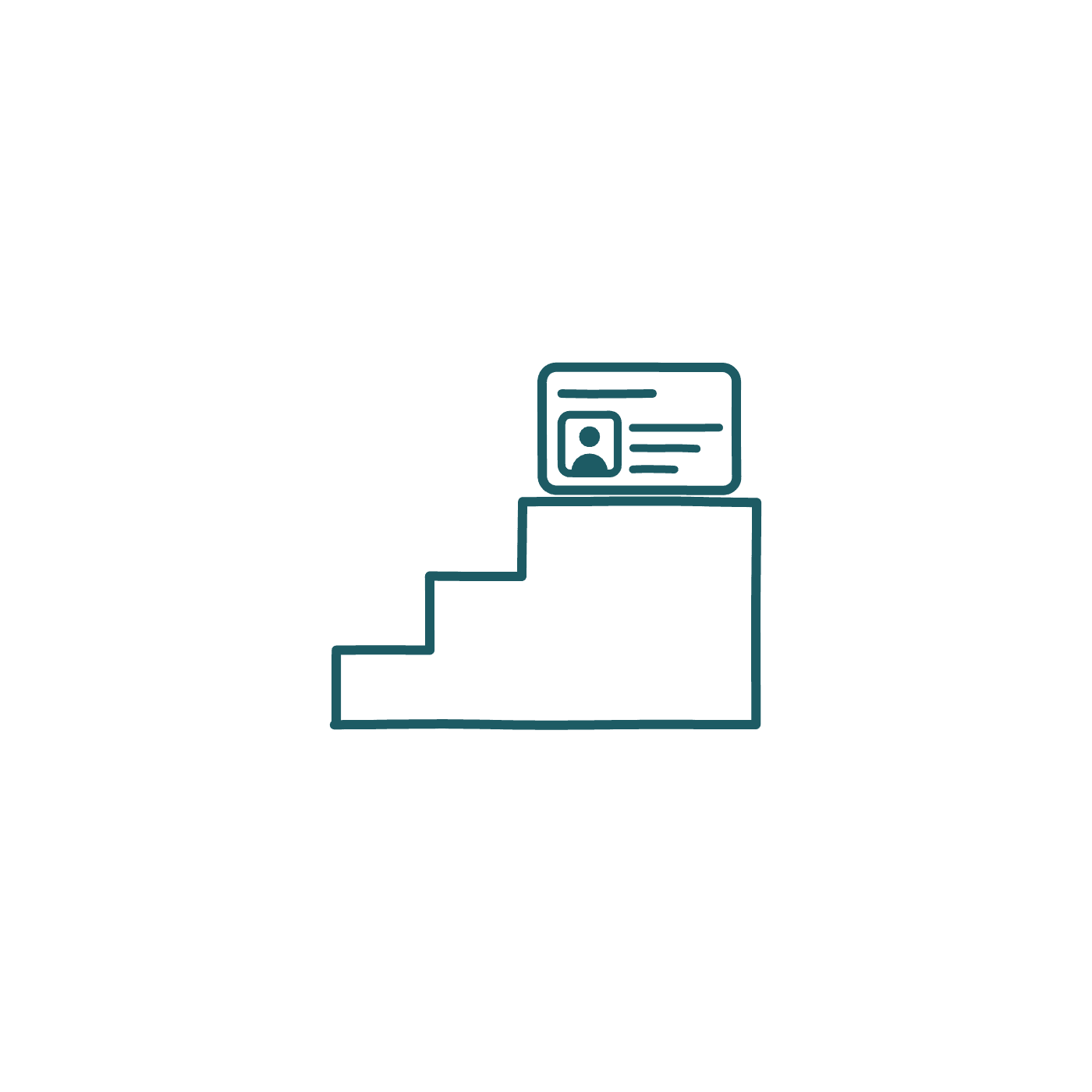 Three steps rising to a landing where a green card stands, a symbol of the steps from the job offer to permanent residence